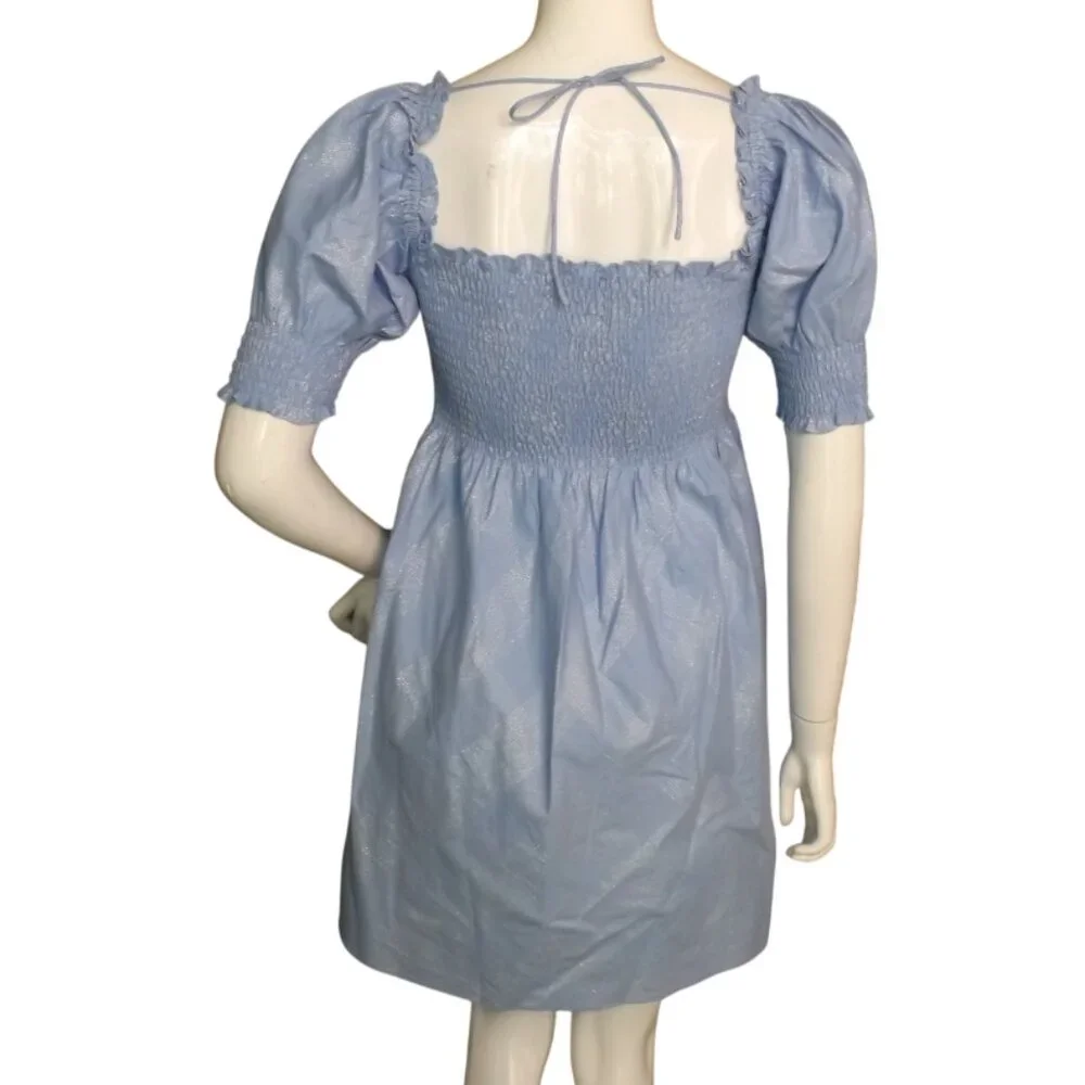 HILL HOUSE Mini Dress, S, Athena Nap, Powder Blue/Silver check, Smocking A-line - Picture 6 of 13